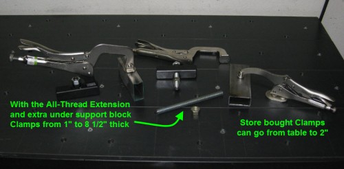 Custom made Vise-Grip Type Clamps fit in Welding Table Top Holes